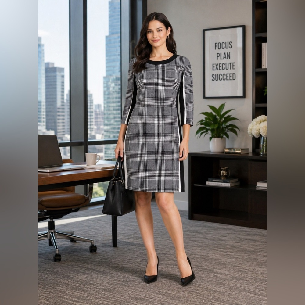 Vince Camuto Black and White Plaid Midi Dress